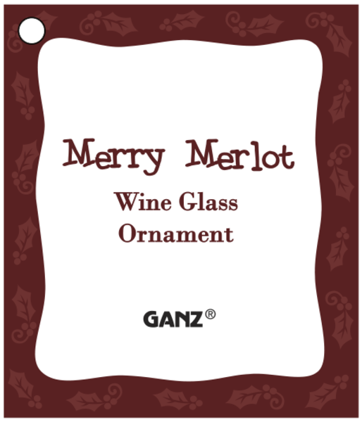 Wine glass ornament packaging with 'Merry Merlot' text and GANZ logo.