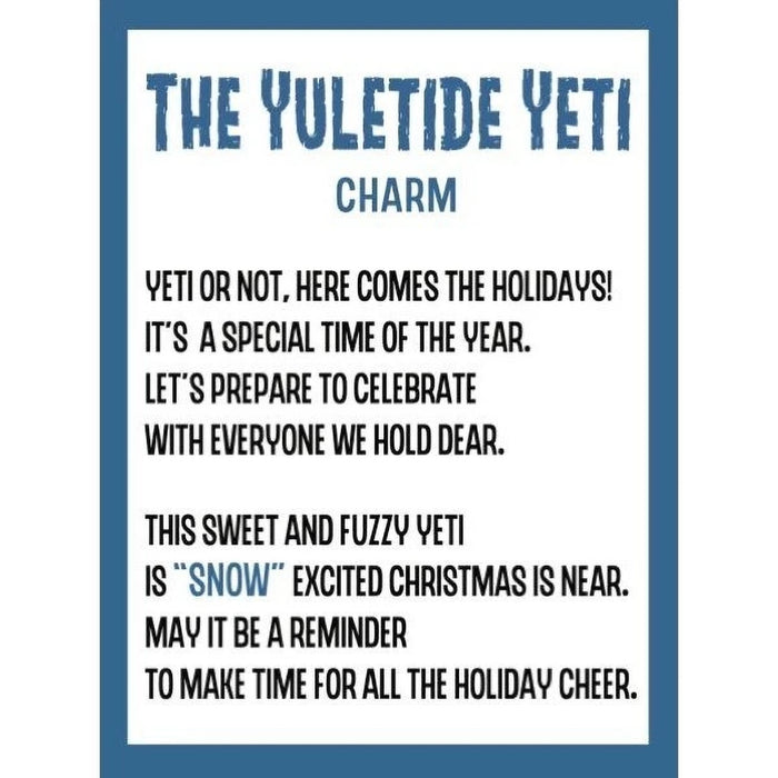 Text card with holiday message and 'Yuletide Yeti' charm description