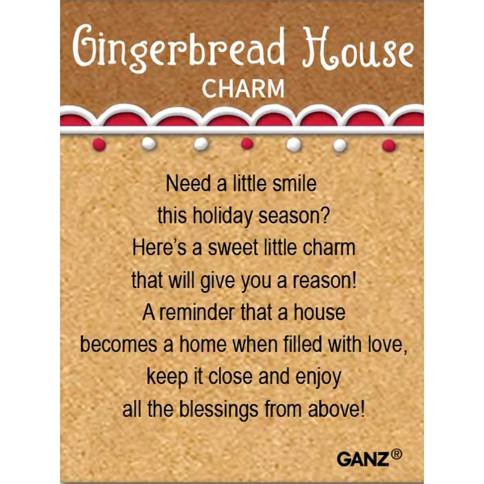 Gingerbread house charm packaging with text and GANZ logo