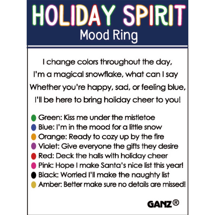 Mood ring description card with color meanings and Ganz branding