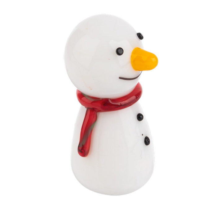 Snowman figurine with a red scarf on a white background