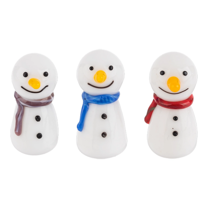 Three snowman figurines with different colored scarves on a white background