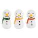 Three snowman figurines with colorful scarves on a white background