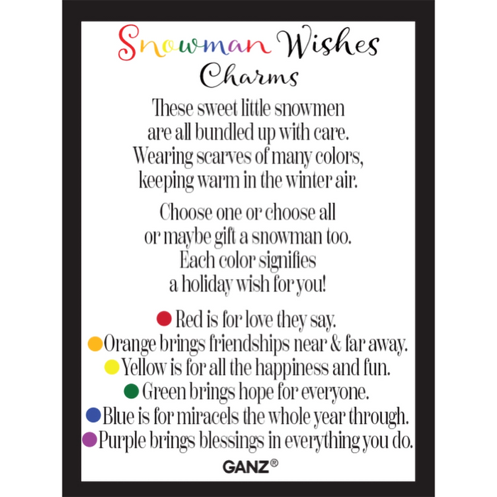 Text description of snowman wishes charms with color meanings on a white background