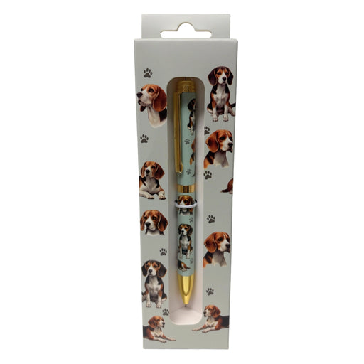 Gray Beagle-themed gift boxed ballpoint pen with gold accents and dog illustrations.