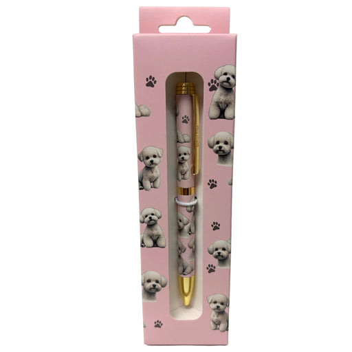 Pink Bichon Frise-themed gift boxed ballpoint pen with gold accents and dog illustrations.