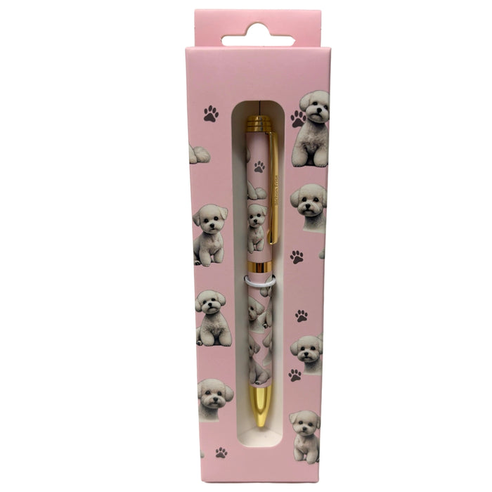 Pink Bichon Frise-themed gift boxed ballpoint pen with gold accents and dog illustrations.