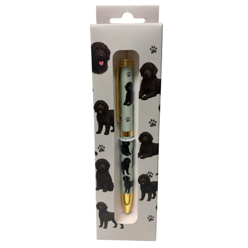 Black Labradoodle-themed gift boxed ballpoint pen with gold accents and dog illustrations.