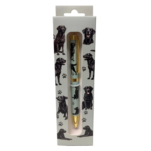 Gray Black Labrador-themed gift boxed ballpoint pen with gold accents and dog illustrations.