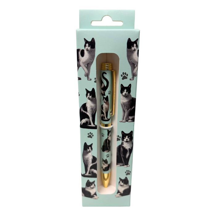 Black and White Cat-themed gift boxed ballpoint pen with gold accents and dog illustrations.