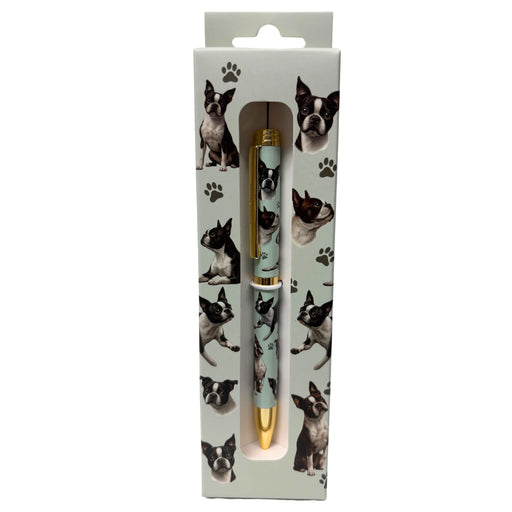 Teal Boston Terrier-themed gift boxed ballpoint pen with gold accents and dog illustrations.