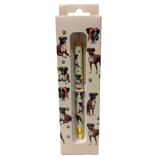 Pink Boxer-themed gift boxed ballpoint pen with gold accents and dog illustrations.