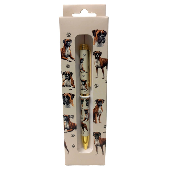 Pink Boxer-themed gift boxed ballpoint pen with gold accents and dog illustrations.