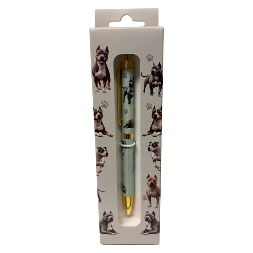 Gray Brindle Pit Bull-themed gift boxed ballpoint pen with gold accents and dog illustrations.