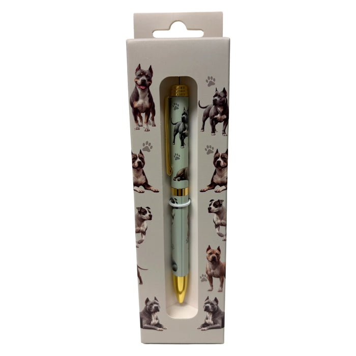 Gray Brindle Pit Bull-themed gift boxed ballpoint pen with gold accents and dog illustrations.