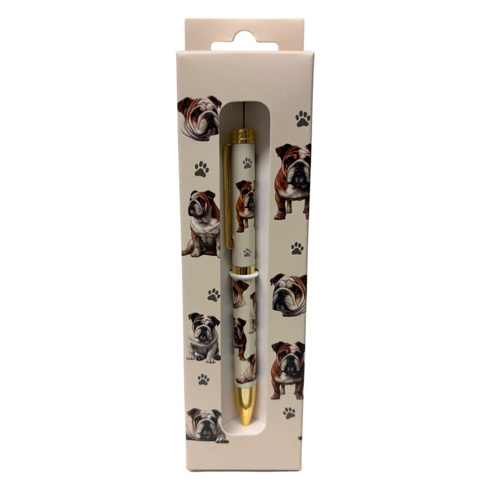 Bulldog-themed gift boxed ballpoint pen with gold accents and dog illustrations.