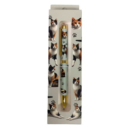 Calico Cat-themed gift boxed ballpoint pen with gold accents and dog illustrations.