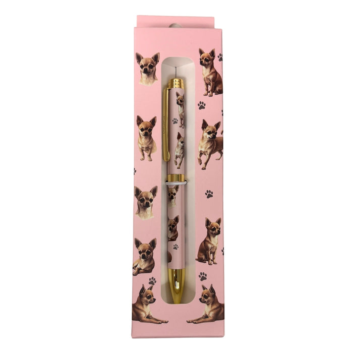 Pink Chihuahua-themed gift boxed ballpoint pen with gold accents and dog illustrations.