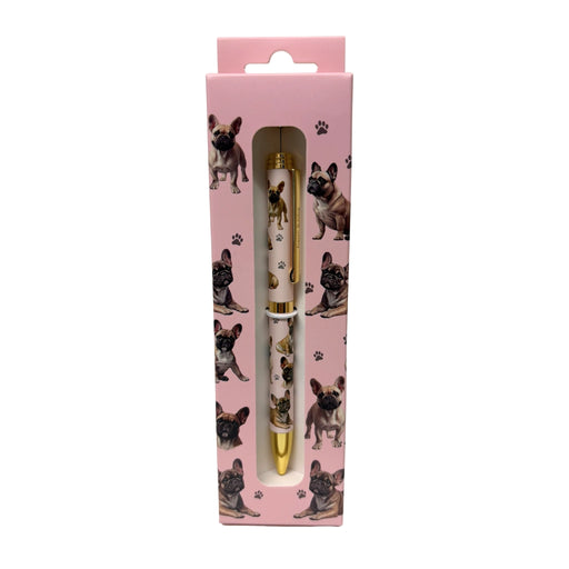 Pink French Bulldog-themed gift boxed ballpoint pen with gold accents and dog illustrations.