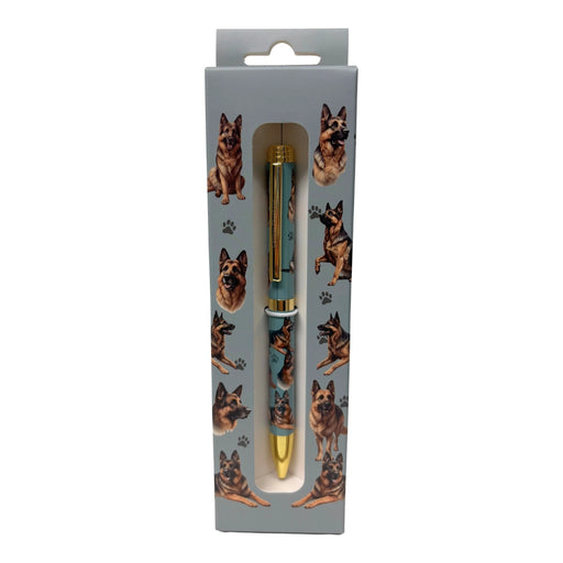 Blue German Shepherd-themed gift boxed ballpoint pen with gold accents and dog illustrations.
