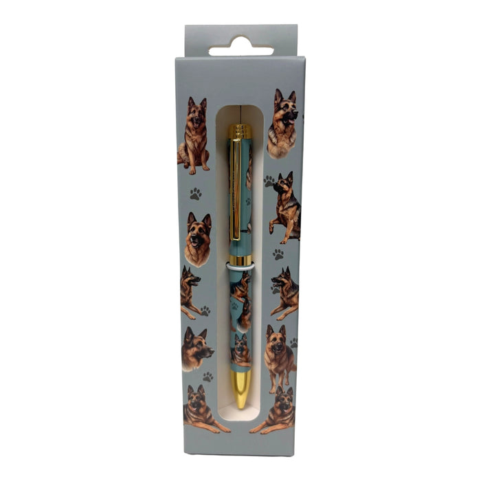 Blue German Shepherd-themed gift boxed ballpoint pen with gold accents and dog illustrations.