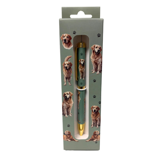 Green Golden Retriever-themed gift boxed ballpoint pen with gold accents and dog illustrations.