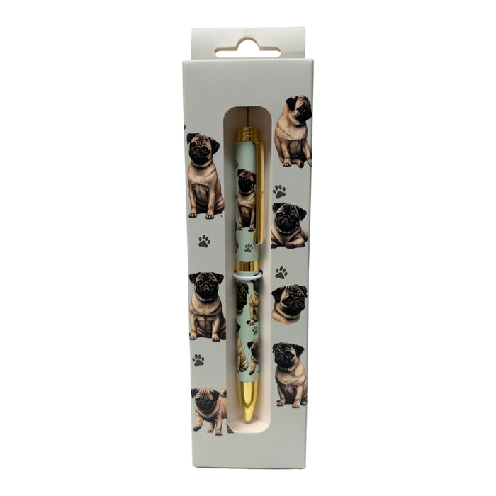 Gray Pug-themed gift boxed ballpoint pen with gold accents and dog illustrations.