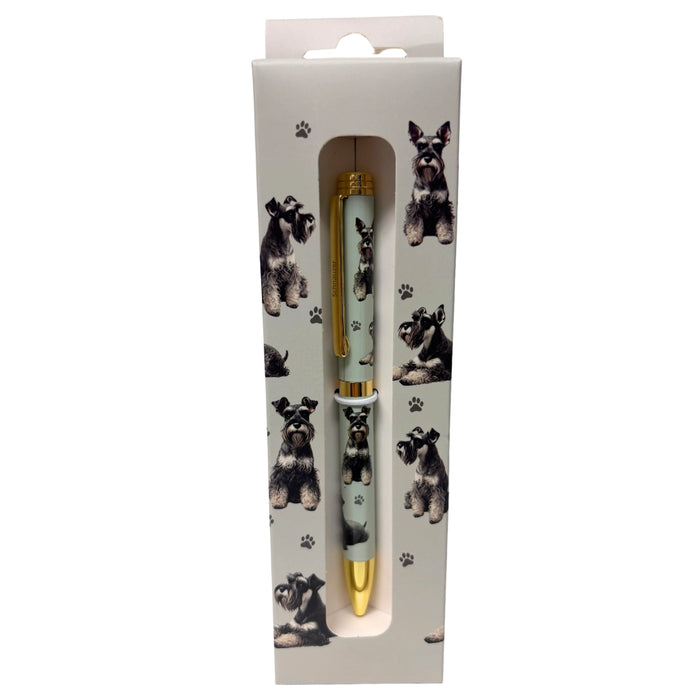 Gray Schnauzer-themed gift boxed ballpoint pen with gold accents and dog illustrations.
