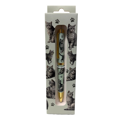 Silver Tabby Cat-themed gift boxed ballpoint pen with gold accents and dog illustrations.