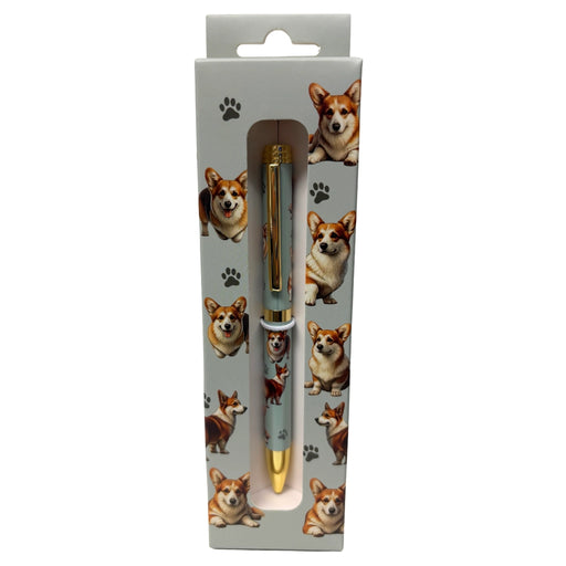 Green Corgi-themed gift boxed ballpoint pen with gold accents and dog illustrations.