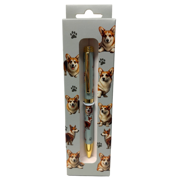 Green Corgi-themed gift boxed ballpoint pen with gold accents and dog illustrations.