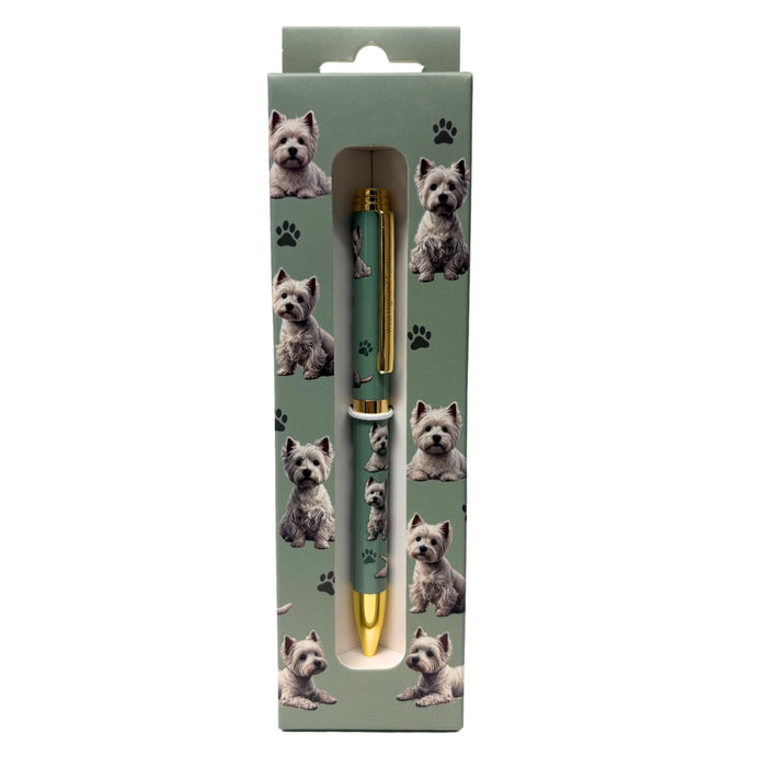 Green Westie-themed gift boxed ballpoint pen with gold accents and dog illustrations.