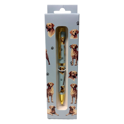 Blue Yellow Labrador-themed gift boxed ballpoint pen with gold accents and dog illustrations.