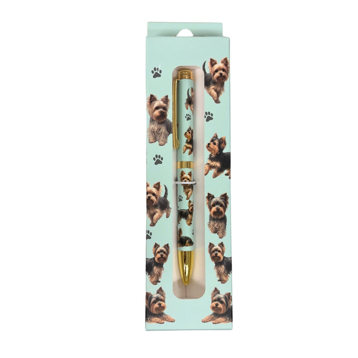 Blue Yorkie-themed gift boxed ballpoint pen with gold accents and dog illustrations.