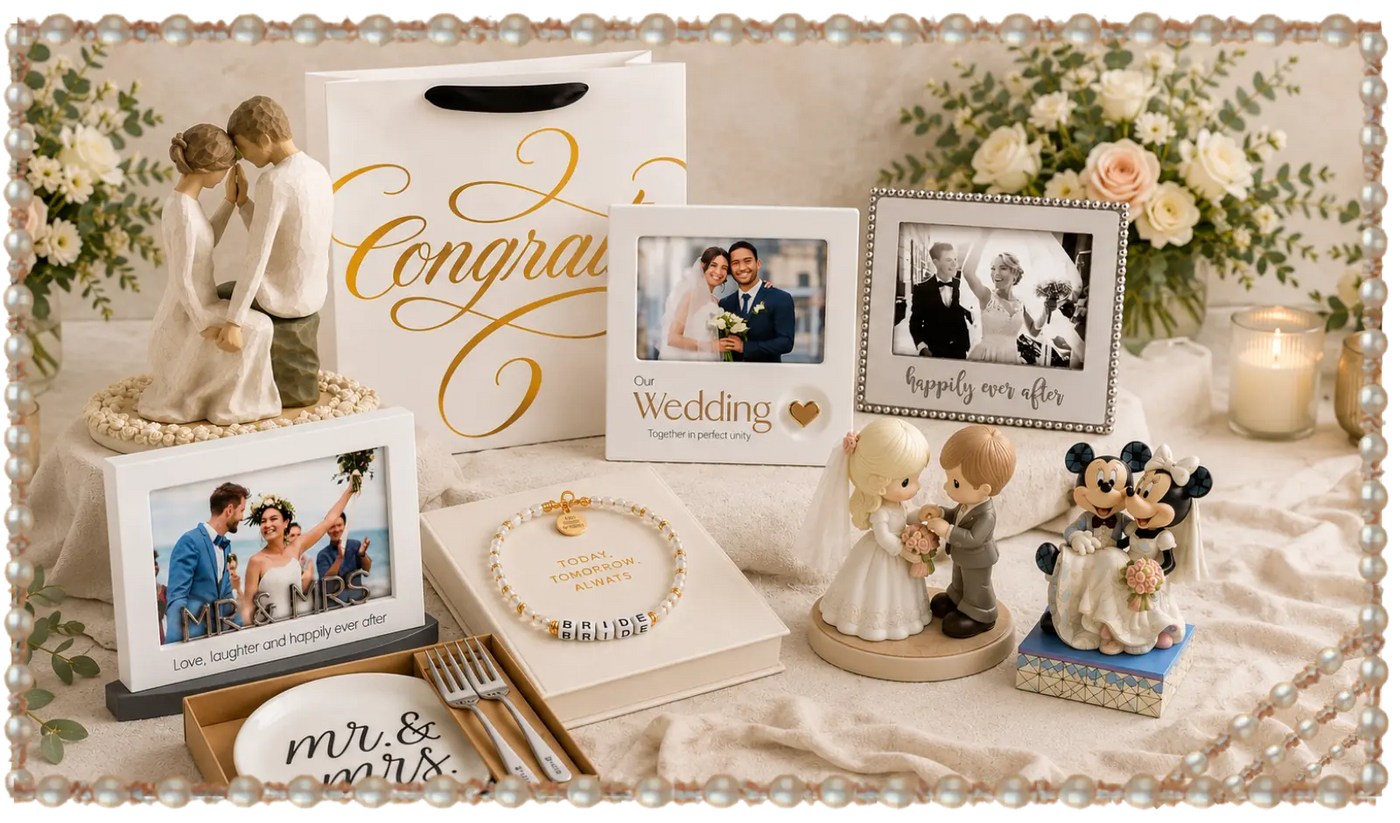 Wedding-themed decor with photos, figurines, and 'Congrats on Your Wedding' card.