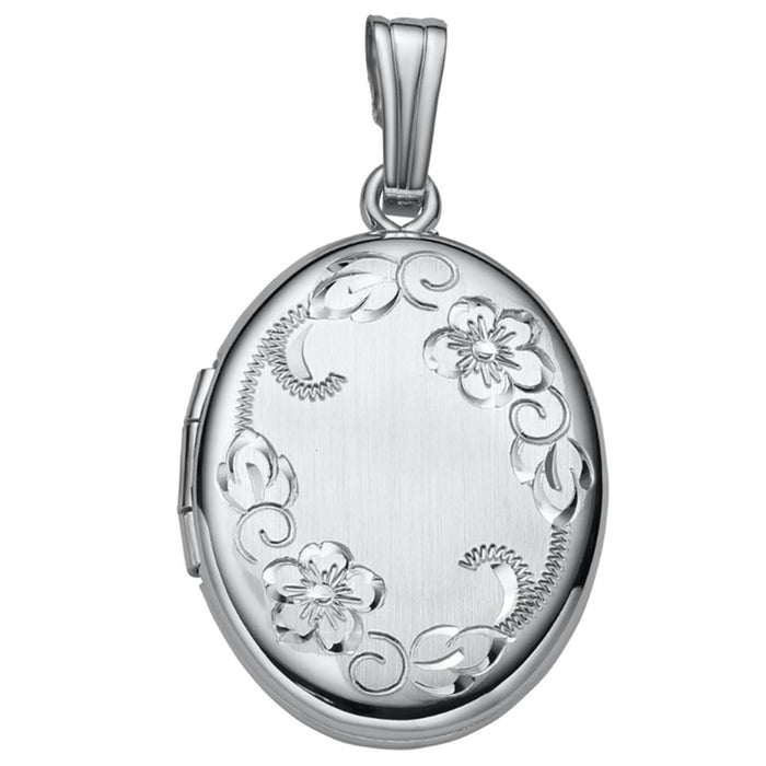 It features a silver locket pendant accented with Floral details, this piece is sure to make a statement.