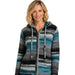 A woman wearing a fuzzy knit zip-up hoodie with horizontal stripes in teal, blue, gray, black, and white, set against a plain white background.