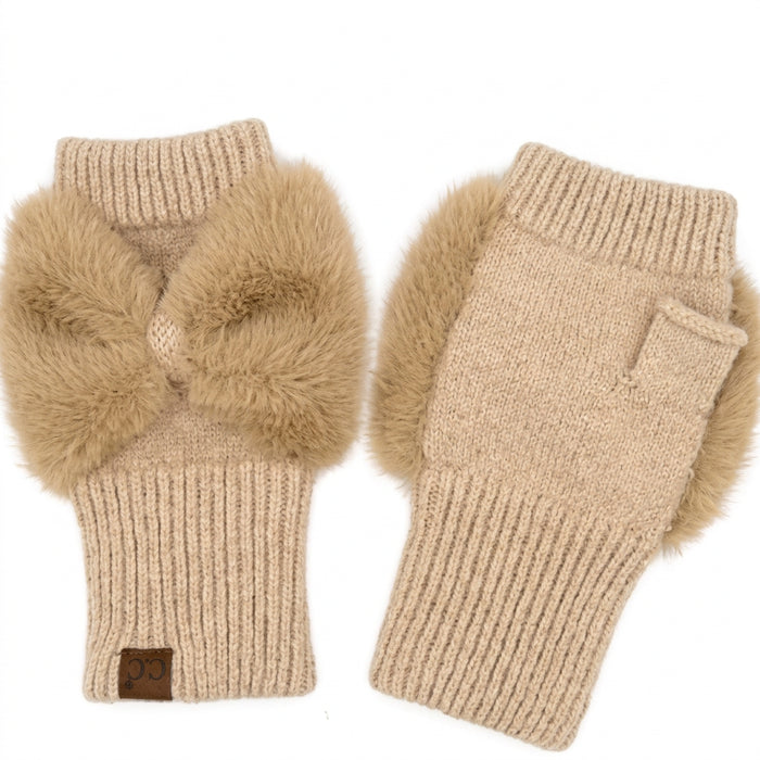 Cheveux Corp fur fingerless gloves featuring a soft furry texture and decorative bow detail, stylish winter accessories for women.