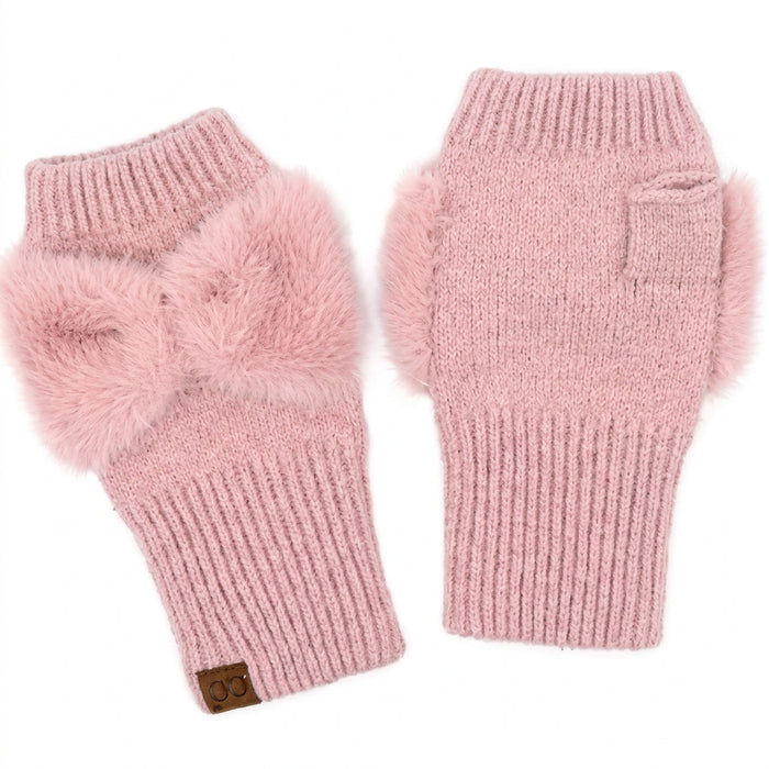 Cheveux Corp fur fingerless gloves featuring a soft furry texture and decorative bow detail, stylish winter accessories for women.
