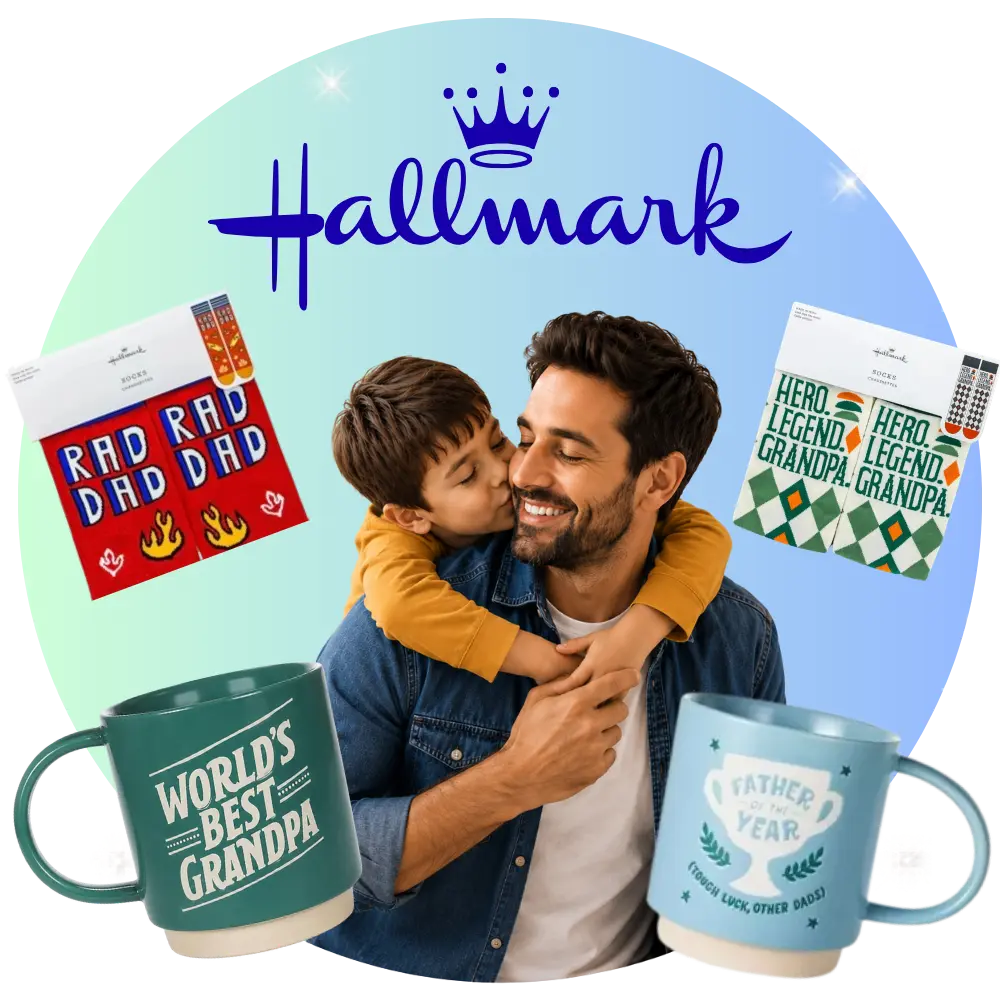 Father and son with mugs and cards featuring Hallmark branding