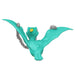 Turquoise dragon-shaped toy with a yellow button on a white background