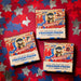 Three boxes of Squatch Freedom Fresh soap on a red background with star and starburst patterns.