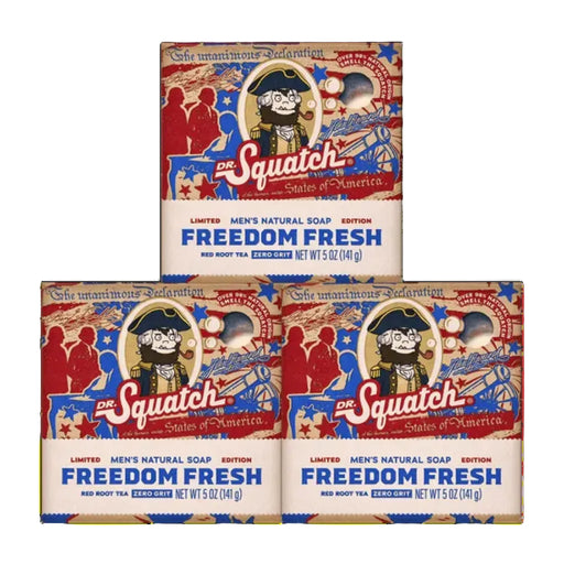 Three boxes of The Squeak Men's Natural Soap 'Freedom Fresh' are arranged in a pyramid on a plain white background.