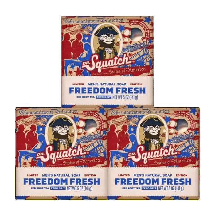 Three boxes of The Squeak Men's Natural Soap 'Freedom Fresh' are arranged in a pyramid on a plain white background.