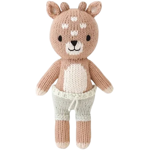 Hand-knit Tiny Elliott the Fawn doll in cotton yarn wearing gray knit shorts – Cuddle + Kind