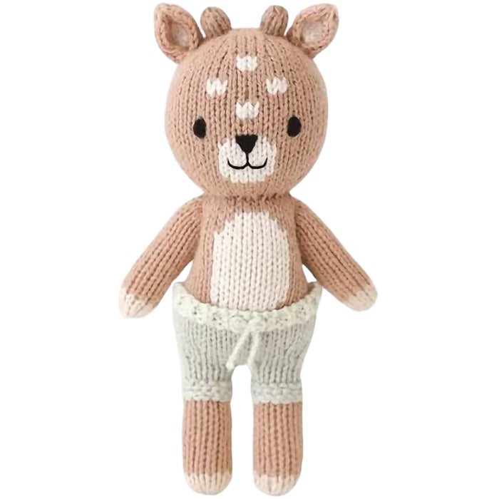 Hand-knit Tiny Elliott the Fawn doll in cotton yarn wearing gray knit shorts – Cuddle + Kind