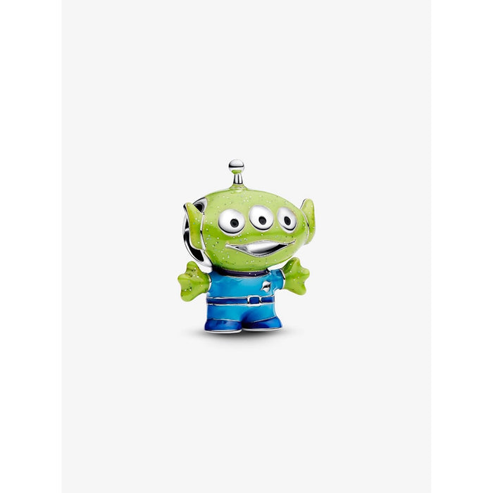 Front view of the Pandora Disney Pixar Toy Story Alien Charm featuring a green three-eyed alien in a blue enamel space suit with hand-applied details.