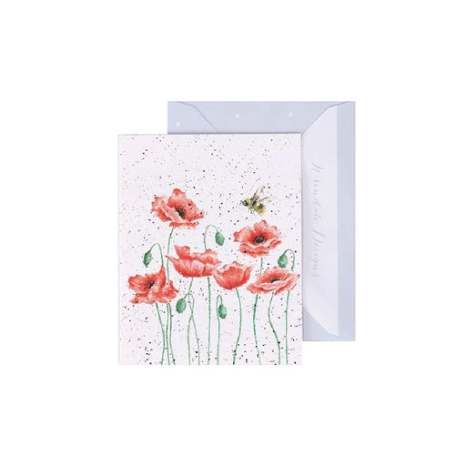 A greeting card featuring vibrant red poppies and buzzing bees, symbolizing nature and beauty.