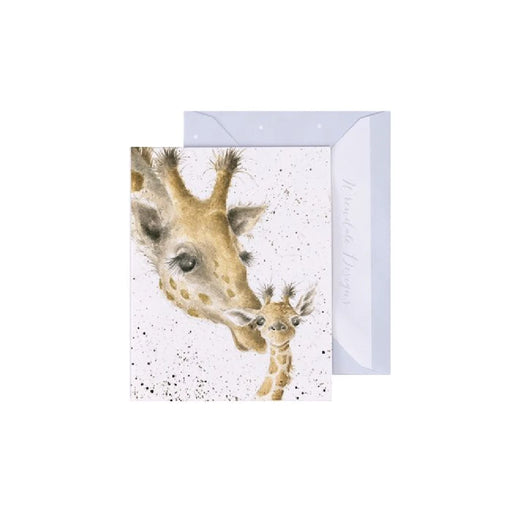 A greeting card featuring a giraffe and her baby standing together in a natural setting.