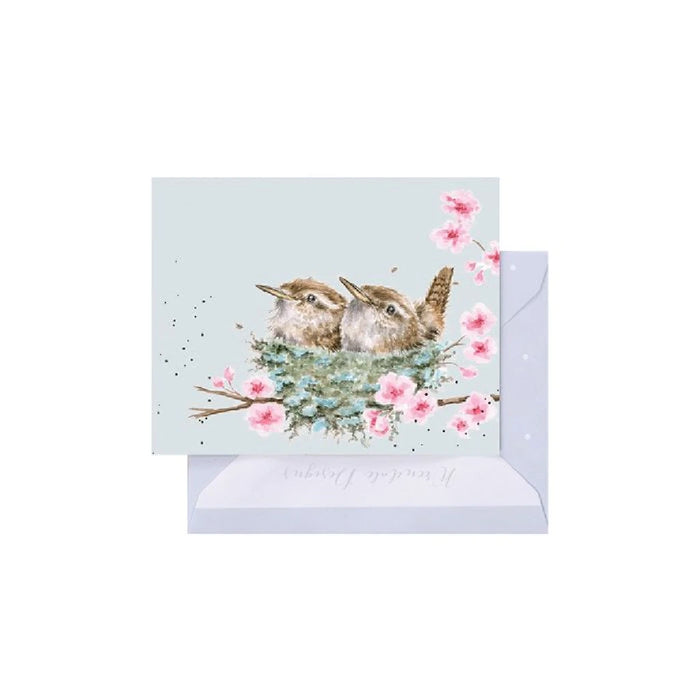 Two colorful birds nestled in a cozy nest, featured on a charming greeting card design.